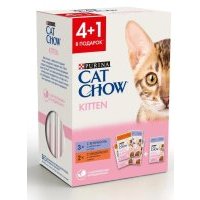 Ассорти влажных кормов для котят Cat Chow с индейкой и кабачками в желе, 2х85гр, с ягненком и кабачками в соусе, 3х85гр 