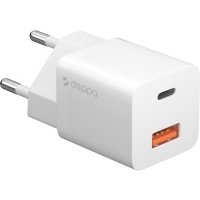 Сетевое зарядное устройство Deppa USB-C + USB-A, PD 3.0, QC 3.0, GaN, 20 Вт белый