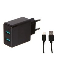 Сетевое зарядное устройство Red Line Tech 2 USB (модель Y1), 2.4A черный + кабель micro-USB, черный Y1
