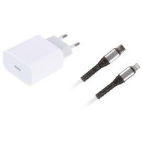 Сетевое зарядное устройство Red Line Type-C (модель PD1-5A), PD25W + кабель Lightning, 3А, тканевая оплетка, белый УТ000027297 PD1-5A