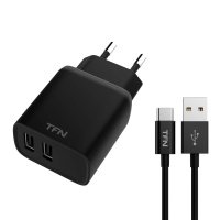 Сетевое зарядное устройство с кабелем TFN Rapid+ 2xUSB 2.4A + кабель USB-C, Black