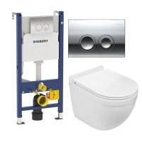 Комплект 3 в 1 инсталляция Geberit Duofix Delta + Подвесной унитаз WeltWasser Heimbach 004 GL-WT + кнопка хром 