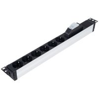 LANDE Блок розеток горизонтальный 19" 1U, 6 позиций Schuko, 1x16A автоматический выключатель, 4000 W, 250V AC, алюминиевый корпус, 482х44х44мм, шнур питания 3x1.5мм 2,5 м, вилка Schuko (LN-PRZ-SGT-1U6 