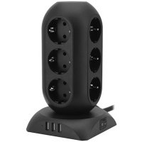 Сетевой фильтр TESSAN 12 евророзеток 220В и 3 USB и кн. питания, 3600Вт, до 16А, кабе TPS02-DE Black