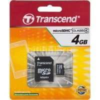 Карта памяти microSDHC TRANSCEND 4 ГБ, Class 4, , 1 шт., переходник SD TS4GUSDHC4