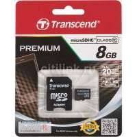 Карта памяти microSDHC TRANSCEND 8 ГБ, Class 10, , 1 шт., переходник SD TS8GUSDHC10