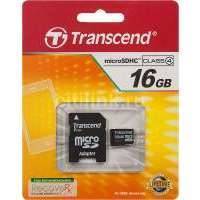 Карта памяти microSDHC TRANSCEND 16 ГБ, Class 4, , 1 шт., переходник SD TS16GUSDHC4