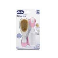 Набор Chicco, Safe Hygiene расческа и щётка с натуральными щетинками розовый