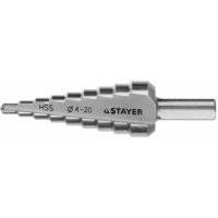 Сверло STAYER "MASTER" ступенчатое по сталям и цвет.мет., сталь HSS, d=4-20мм, 9ступ.d 4-20, L-75 мм,трехгран. хвост. 8мм MASTER 29660-4-20-9
