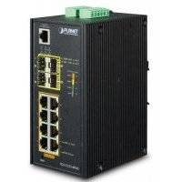 Коммутатор Planet L2+, 8х10/100/1000T 802.3at PoE, 4х100/1000X SFP, Redundant Ring, монтаж на DIN-рейку, -40С~75C 