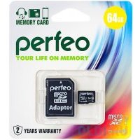 Карта памяти Micro SDXC 64GB Class 10 Perfeo PF64GMCSX10U1A + адаптер SD 