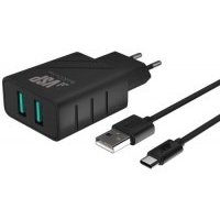 Зарядное устройство сетевое BoraSco 2USB, 2,4A + дата-кабель Type-C, 2А, 1м, черное 37264