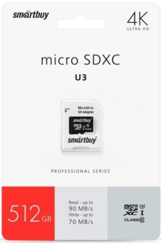 Smartbuy Карта памяти 512GB SmartBuy MicroSDXC Class 10 Pro UHS-I U3 (70/90 Mb/s) + SD адаптер SB512GBSDCL10U3-01 