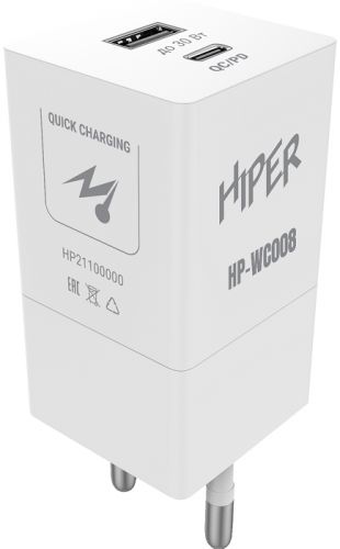 HIPER Зарядное устройство сетевое HIPER 3A+2.5A PD+QC универсальное белое HP-WC008 