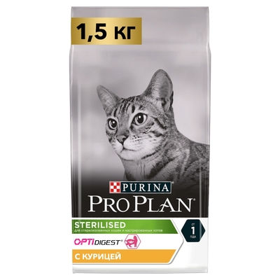 Pro Plan ® Pro Plan ® Сухой корм для стерилизованных кошек и кастрированных котов старше 1 года, с высоким содержанием курицы, 1,5 кг