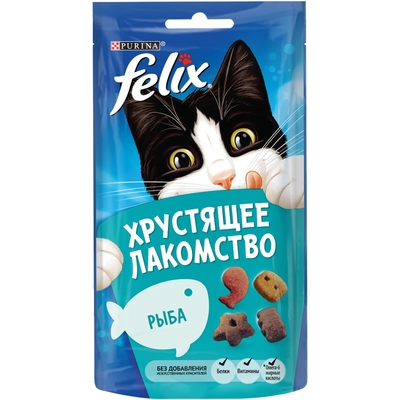 FELIX Felix Хрустящее Лакомство. Корм сухой неполнорационный для взрослых кошек, со вкусом рыбы, 60 г 