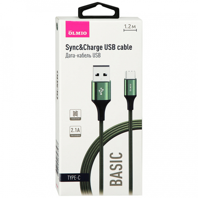 Olmio Кабель OLMIO BASIC, USB 2.0 - Type-C, 1.2м, 2.1A, тканевая оплетка, зеленый 041642