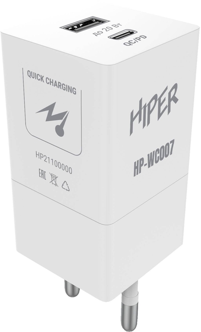 HIPER Сетевое зарядное устройство Hiper HP-WC007 3A+2.22A PD+QC универсальное белый HP-WC007