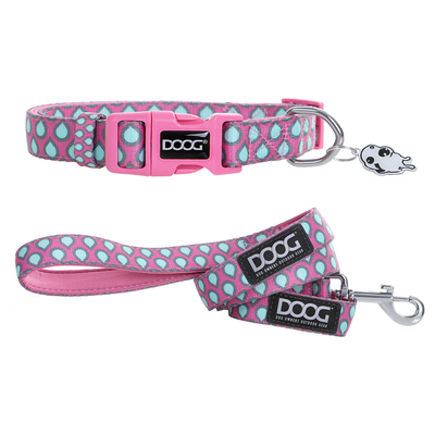 DOOG DOOG Ошейник и поводок для собак "Luna", розовый с каплями, M, 32-46см/130х2.5см, КОМПЛЕКТ COLPTD-M−k