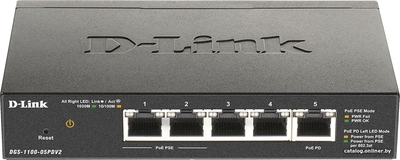 D-Link Коммутатор D-Link DGS-1100-05PDV2/A1A с 5 портами 10/100/1000Base-T (2 порта PoE, 1 порт для питания коммутатора по PoE). Питание только п DGS-1100-05PDV2/A1A