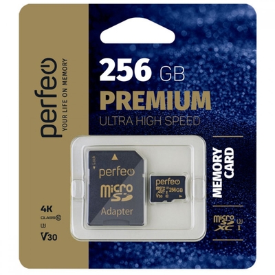 Perfeo Карта памяти Perfeo microSDXC 256Gb High-Capacity Class 10 UHS-1 V30 PF256GMCSX10V30A + adapter 256GB Class10 UHS-3 V30 с адап.(PF256GMCSX10V30A) PF256GMCSX10V30A