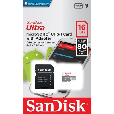 SanDisk Карта памяти Sandisk Ultra microSDHC Class 10 UHS-I 80MB/s 16GB + SD adapter 