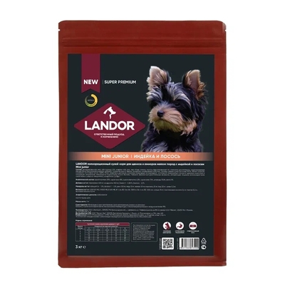 Landor Landor полнорационный сухой корм для щенков и юниоров мелких пород (Индейка и лосось, 3 кг.)