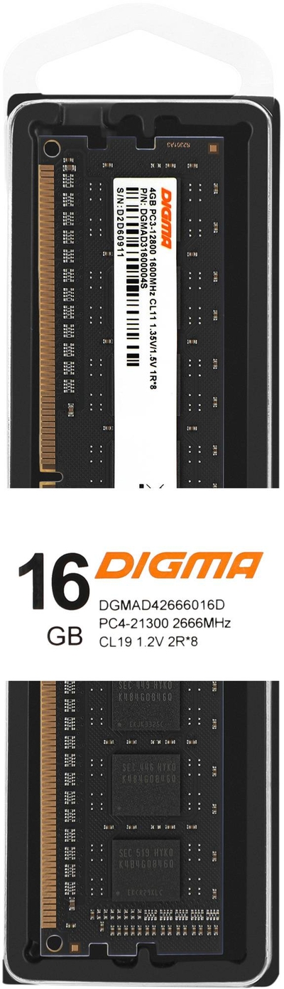Digma Оперативная память Digma DDR4 - 16Gb, 2666 МГц, DIMM, CL19 (dgmad42666016d) DGMAD42666016D