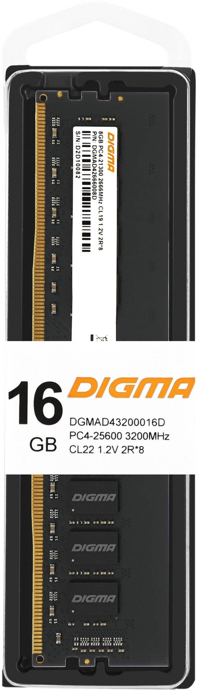Digma Оперативная память Digma DDR4 - 16Gb, 3200 МГц, DIMM, CL22 (dgmad43200016d) DGMAD43200016D