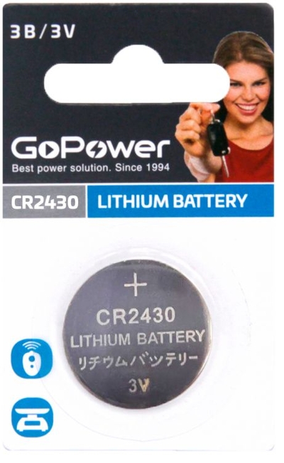 GoPower Батарейка GoPower 00-00023124 BL1 Lithium 3V (1/40/2000) CR2430 00-00023124