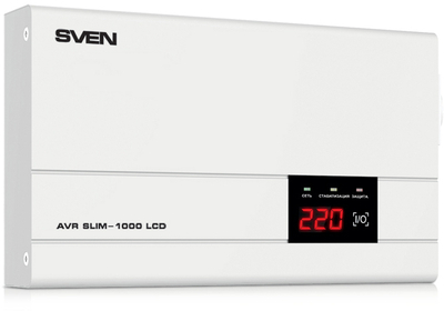 SVEN Стабилизатор SVEN AVR SLIM-1000 LCD, релейный, 800вт, 1000Ва, 140-260в, функция «пауза», 1 евророзетка, 2.9 кг. SVEN AVR SLIM-1000 LCD (SV-012816) SV-012816