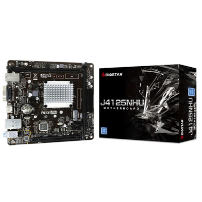 Biostar J4125NHU, Intel® Quad-Core Celeron® J4125 (2.7 GHz), 2xDDR4-2400, D-SUB+HDMI, 1xPCI-Ex1, 2xSATA3, 1xM.2, 8 Ch Audio, GLan, (2+4)xUSB2.0, (2+0)xUSB3.2, 1xPS/2, Mini-ITX, RTL {20} Biostar J4125NHU