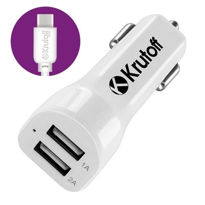 Krutoff Автомобильное зарядное устройство Krutoff CCH-01C 2xUSB, 2.1A + кабель USB Type-C (white) 03571