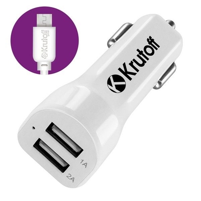 Krutoff Автомобильное зарядное устройство Krutoff CCH-01M 2xUSB, 2.1A + кабель micro USB (white) 03569
