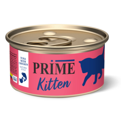 Prime PRIME Консервированный корм для котят, тунец премиум с курицей в собственном соку, 85 гр 