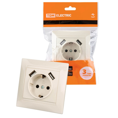 TDM Electric Розетка 2P+PE/2хUSB TDM Electric SQ1815-0142 Лама SQ1815-0142
