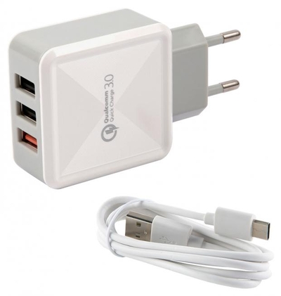 Red Line Сетевое зарядное устройство Red Line Tech 3USB, QC 3.0 2.4A+кабель Type-C белое 