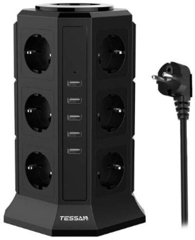 TESSAN Сетевой фильтр TESSAN 12 евророзеток 220В и 5 USB и кн. питания, 2500Вт, до 10А, ка TP-VA5U12E Black 