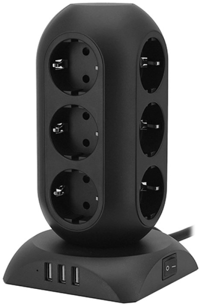 TESSAN Сетевой фильтр TESSAN 12 евророзеток 220В и 3 USB и кн. питания, 3600Вт, до 16А, кабе TPS02-DE Black 
