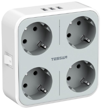 TESSAN Сетевой фильтр TESSAN 4 евророзетки 220В и 3 USB и кн. питания, 3600Вт, до 16А (80001 TS-302-DE Grey 