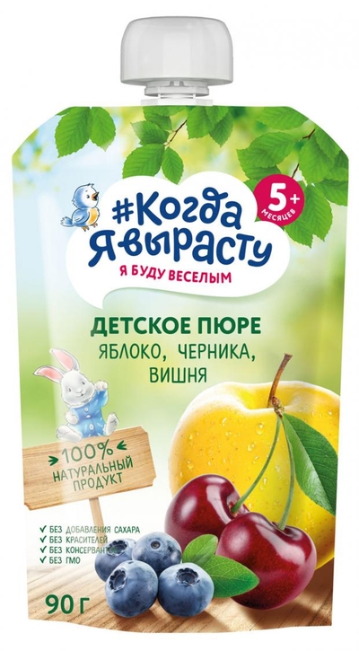 Когда Я вырасту Пюре фруктовое #Когда я вырасту Яблоко, черника, вишня, от 5 мес, 90 г 