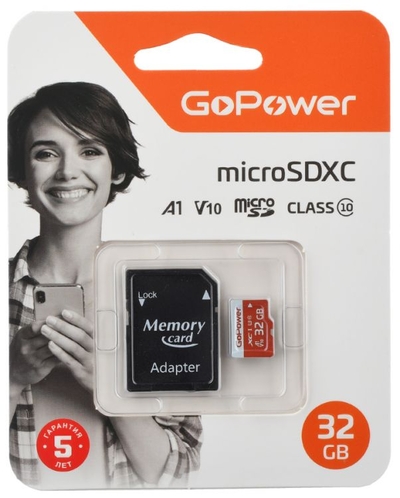 GoPower Карта памяти 32GB GoPower microSDXC Class10 UHS-I (U3) 80 МБ/сек V10 с адаптером 00-00025679 
