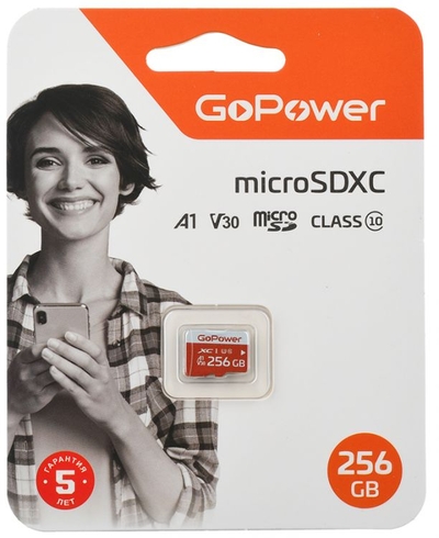 GoPower Карта памяти 256GB GoPower microSDXC Class10 UHS-I (U3) 100 МБ/сек V30 без адаптера 00-00025684 