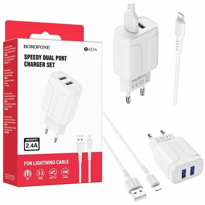 Borofone Сетевое зарядное устройство+кабель Lightning Borofone BA37A Speedy, 2USB, 2.4A, белый (16071) УТ000022869 