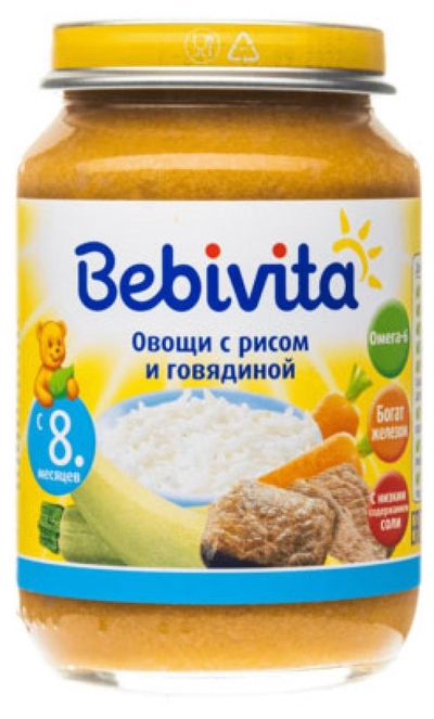 Bebivita Пюре Bebivita Овощи с рисом и говядиной с 8 мес., 190 г 