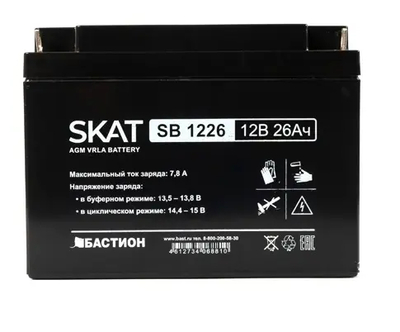 Бастион Аккумулятор Бастион свинцово-кислотная тип AGM 12V 26Ач Iзар.7,8А, клеммы под болт М5 SKAT SB 1226 