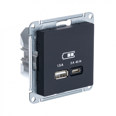 Schneider electric USB Розетка A Systeme Electric (Schneider Electric) AtlasDesign + тип-C 45W высокоскоростная зарядка QC, PD, механизм, КАРБОН ATN001029 