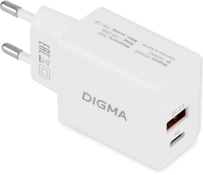 Digma Зарядное устройство сетевое Digma DGW2D 20W 3A+1A (PD+QC) USB-C/USB-A универсальное белый DGW2D0F110WH 