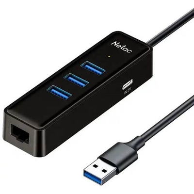Netac Концентратор Netac USB-A to 3*USB 3.0, RJ45, USB Type-C 5V NT08WF12-30BK 