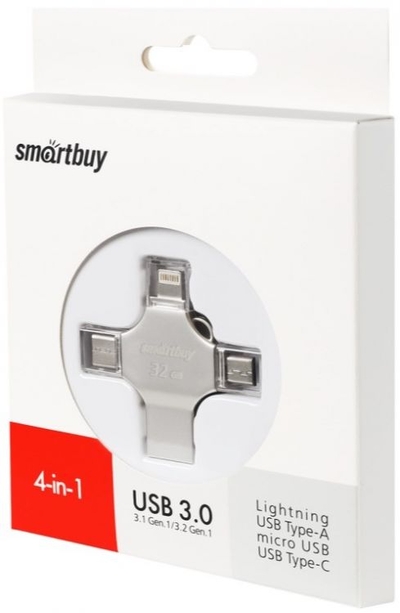 Smartbuy Накопитель USB 3.0 32GB SmartBuy MC15 Metal Quad 4-in-1 (Lightning + USB Type-A + USB Type-C + micro USB) серебро металл SB032GBMC15 